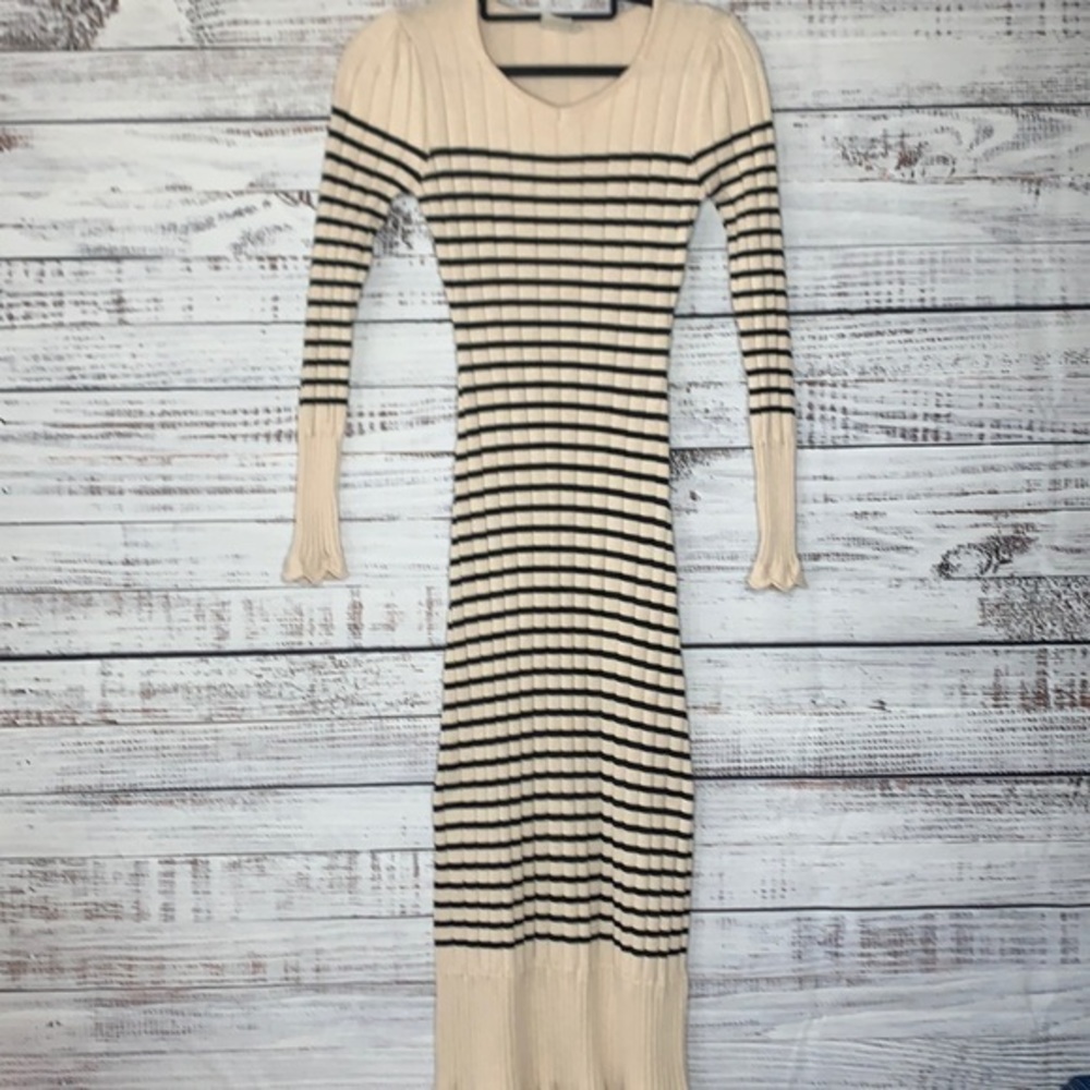 EMBERLEY Off White and Black Striped Rib Knit Sweater Dress